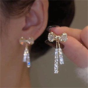 NEW S925 Gold Crystal Bow Tassel Earrings